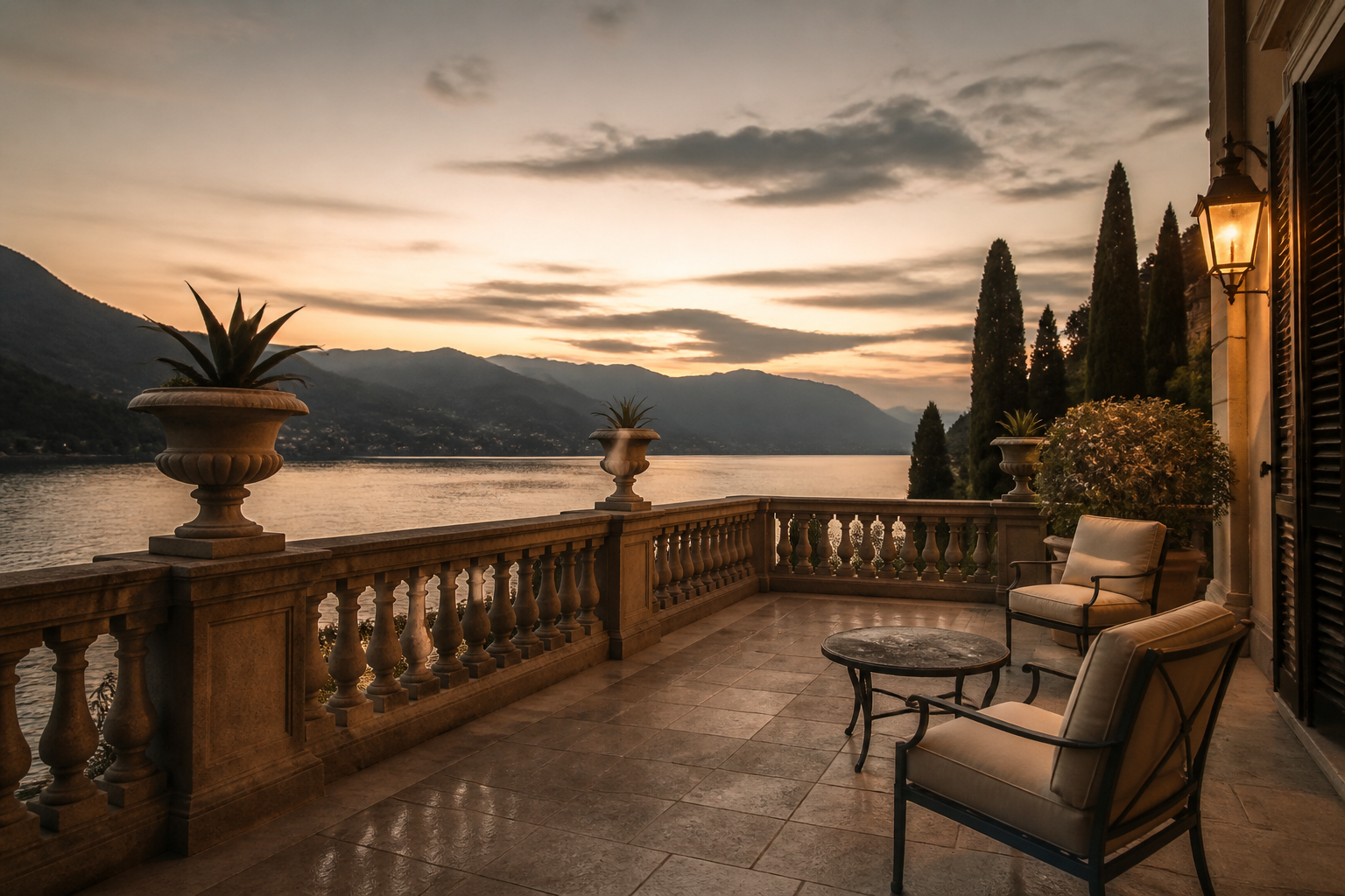 Empty leg vs full charter destination — lakeside terrace at dusk after a private jet arrival