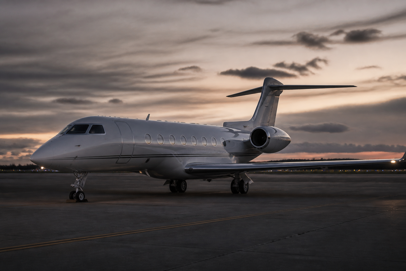 Empty leg vs full charter: silver private jet on the tarmac at dusk