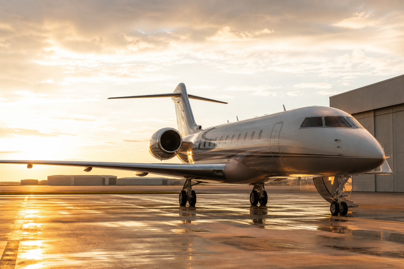 Private jet on a quiet FBO tarmac at first light